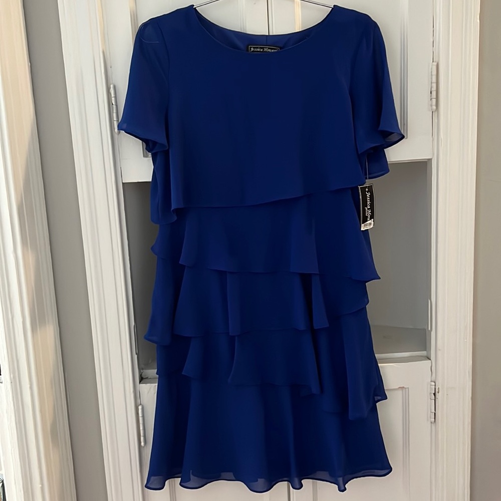 Royal blue chiffon tiered shift dress, NWT, size 8P